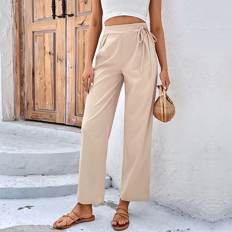 New Spring And Summer Pants High-Waisted Solid Color Commuter Wind Nine Points Lace-Up Straight Pants Women