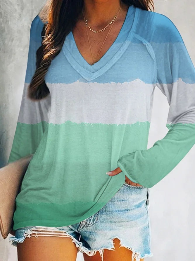 Autumn And Winter Women's Tie Dye Gradual Print V-Neck Long Sleeve T-Shirt Woman