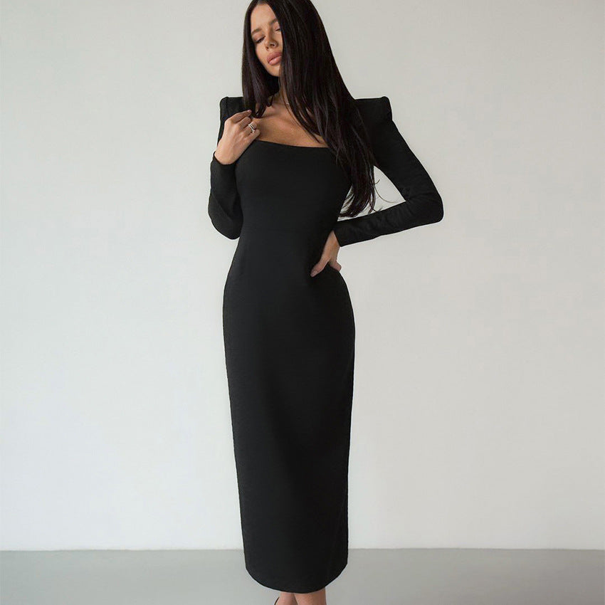Autumn And Winter Women's Long Dress Square Collar Temperament Little Black Dress Slim-Fit Bag Hip Design Dress