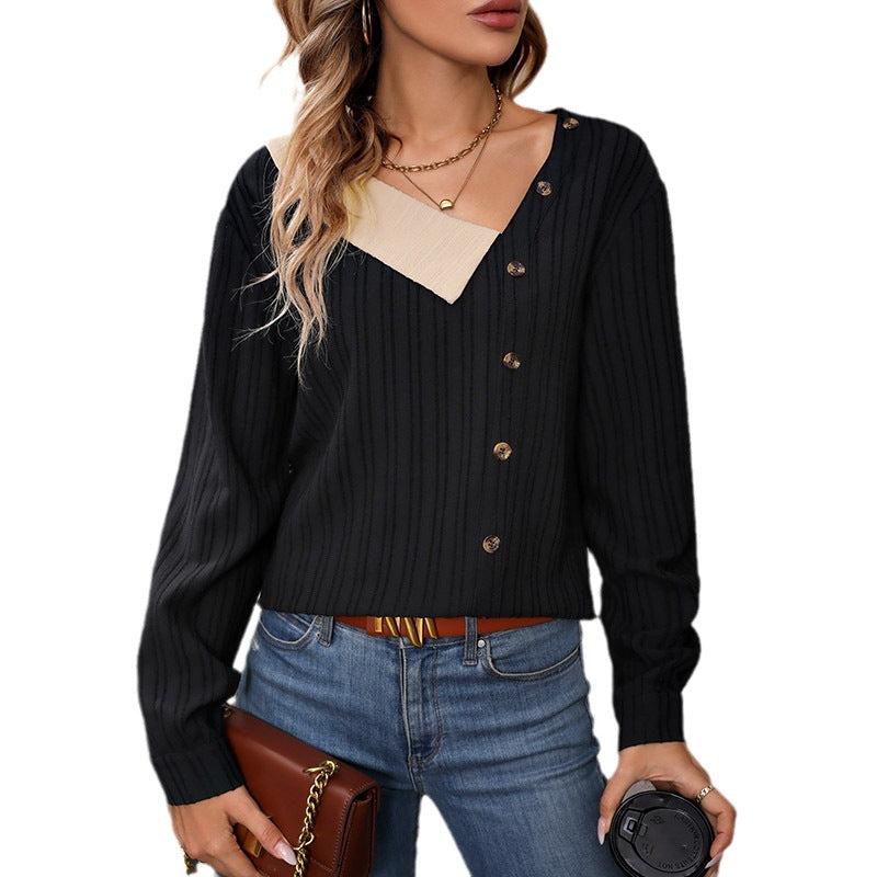 Autumn New Blouse Color Splicing V-Neck Long Sleeve Button Decoration Top