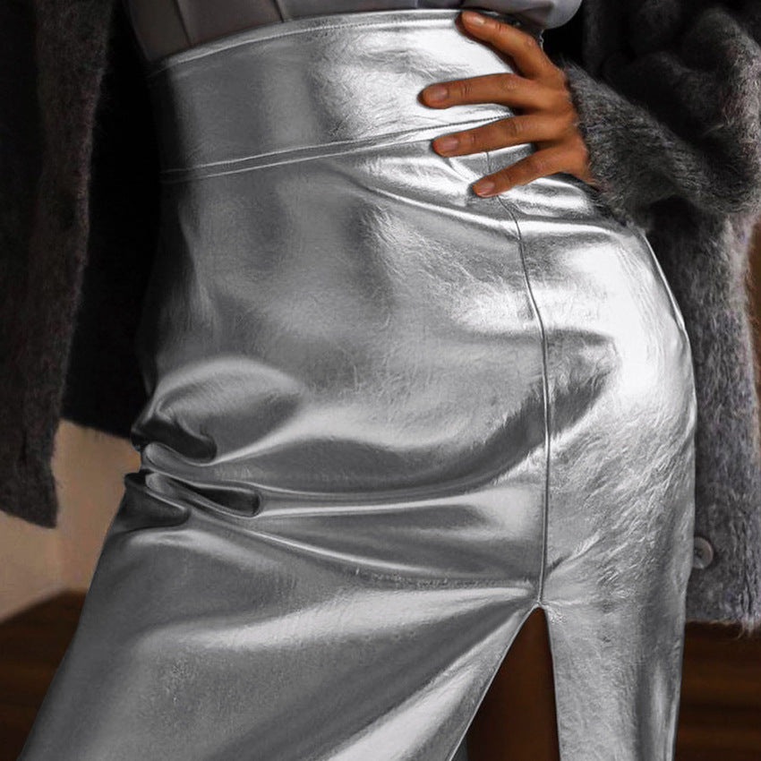 Silver Faux Leather Futuristic High-Waisted Slit Skirt New Fall Fashion Women