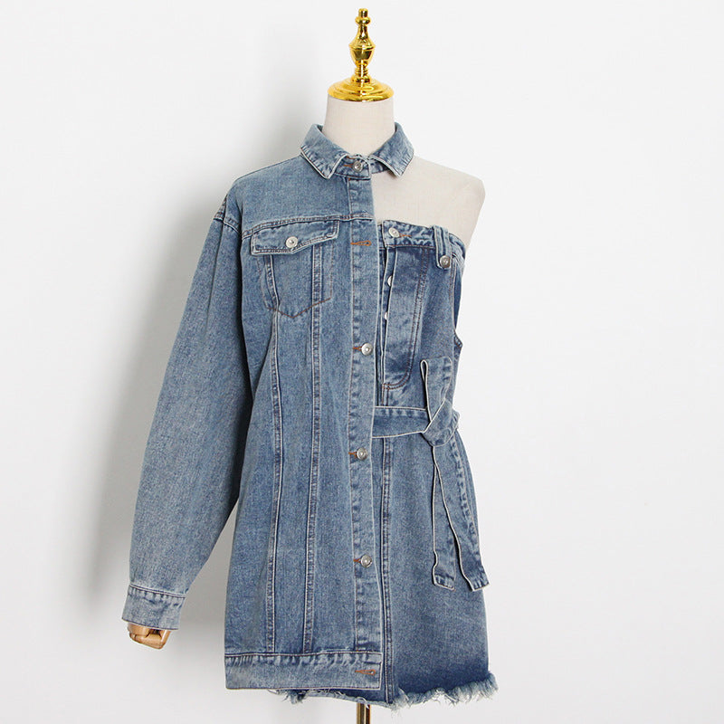 New Fashion Temperament Personality Street Style Lapel Sexy Off-The-Shoulder Asymmetrical Lace-Up Short Dress Woman