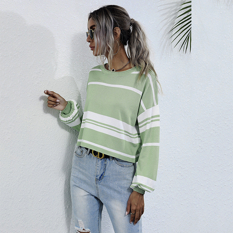 Women's Autumn Long-Sleeved Knitted Short Striped Green Sweater Women