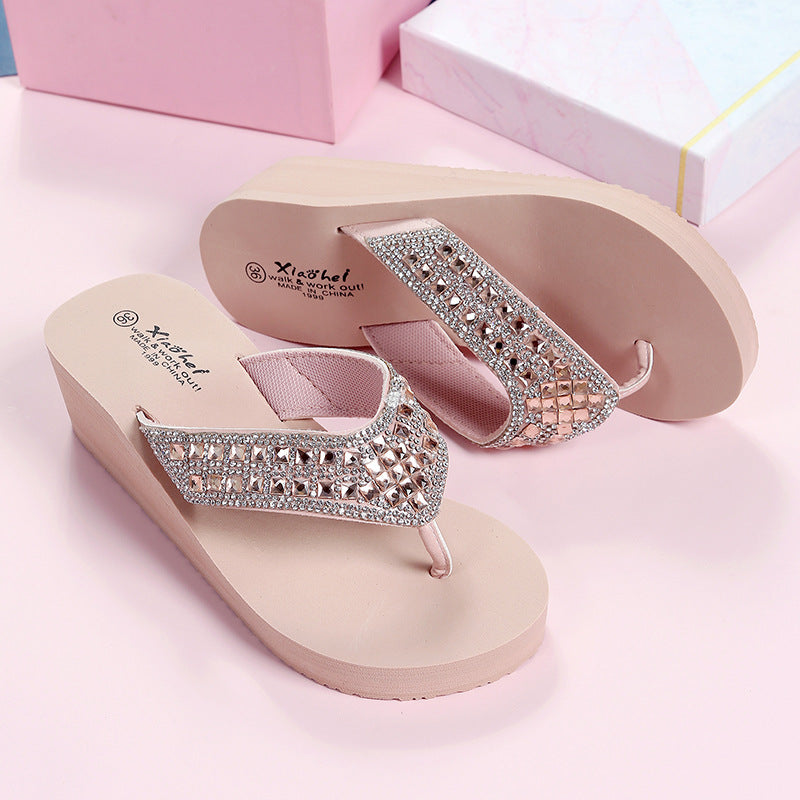 Women's Summer Diamond Sandals Women's Slippers Wear Stylish Slippers Outside The Beach Sandals Wedge Heels Breathable Flip Flops