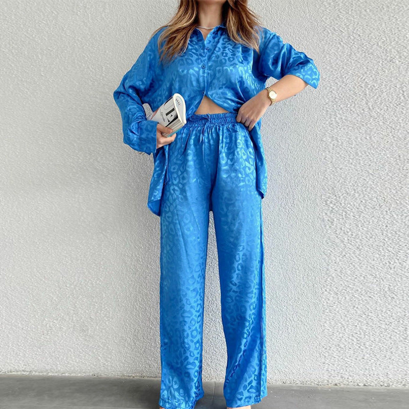 Women's Leopard Print Jacquard Spring And Autumn Long Sleeve Shirt Elastic Waist Loose Trousers Two-Piece Set