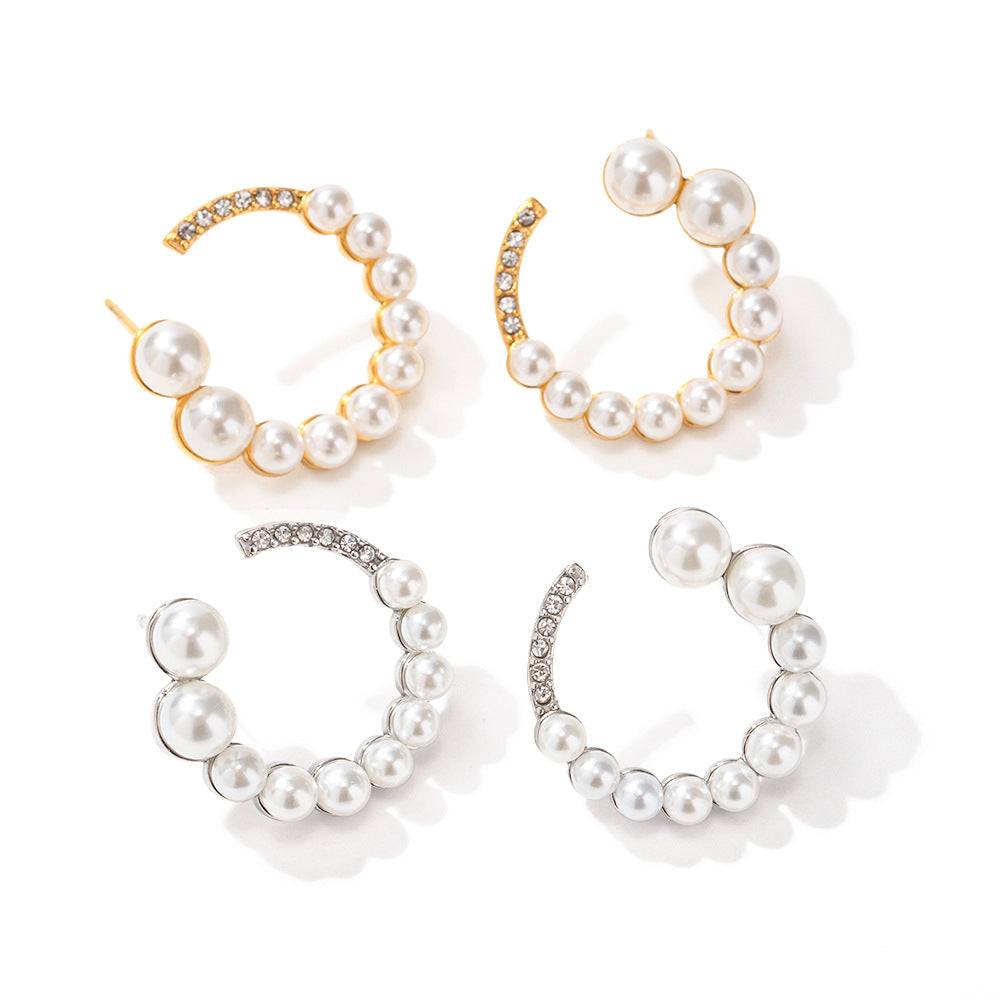 5pcs Hot 18K Gold Stainless Steel Full Diamond Full Pearl C Shaped Horn Ring Earrings Do Not Fade Jewelry