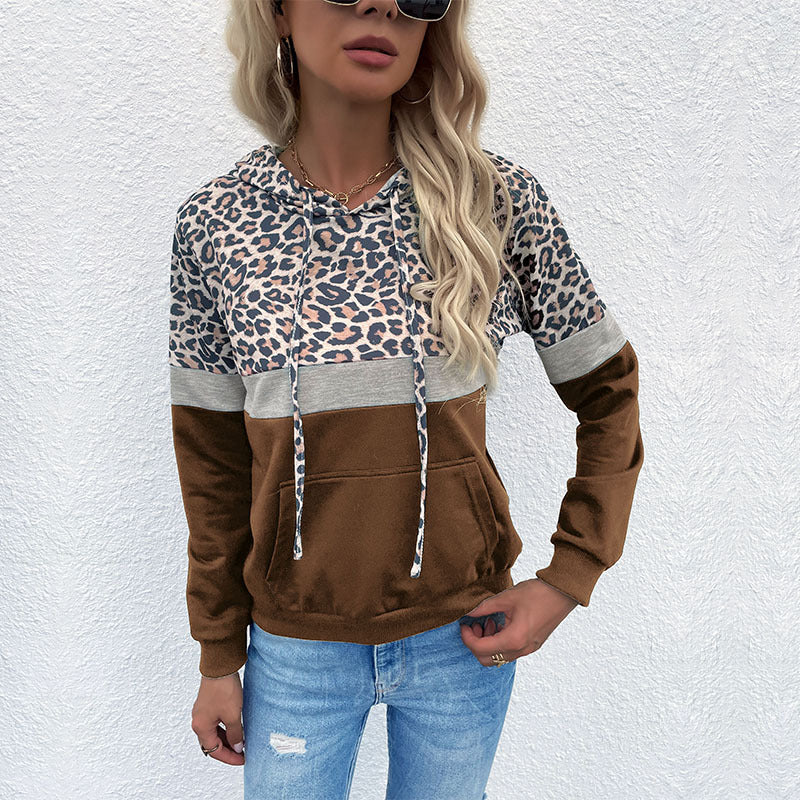 Autumn New Women's Clothing With Pocket Drawstring Hooded Splicing Leopard Print Hoodie