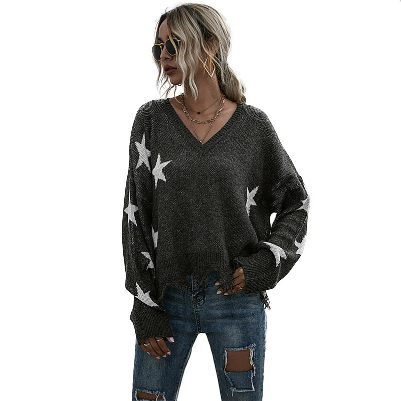 Women's Star Pattern V-Neck Fringe Knitted Sweater Autumn And Winter