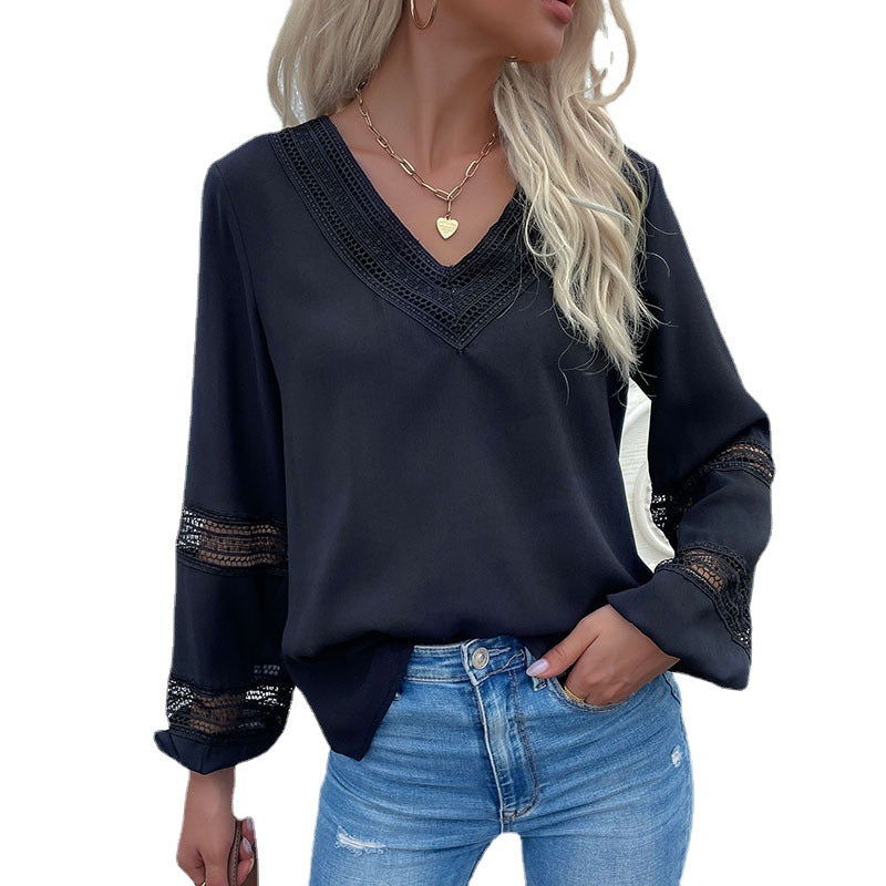 Spring And Autumn  Long-Sleeve Lace Stitching Shirt Set Head V-Neck Hollow Shirt Women's Wear