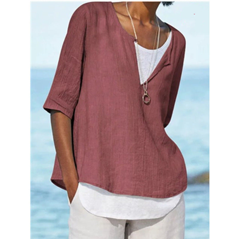 New Autumn And Winter V-Neck Solid Color Cotton Linen Large Size Sleeve Women's Shirt