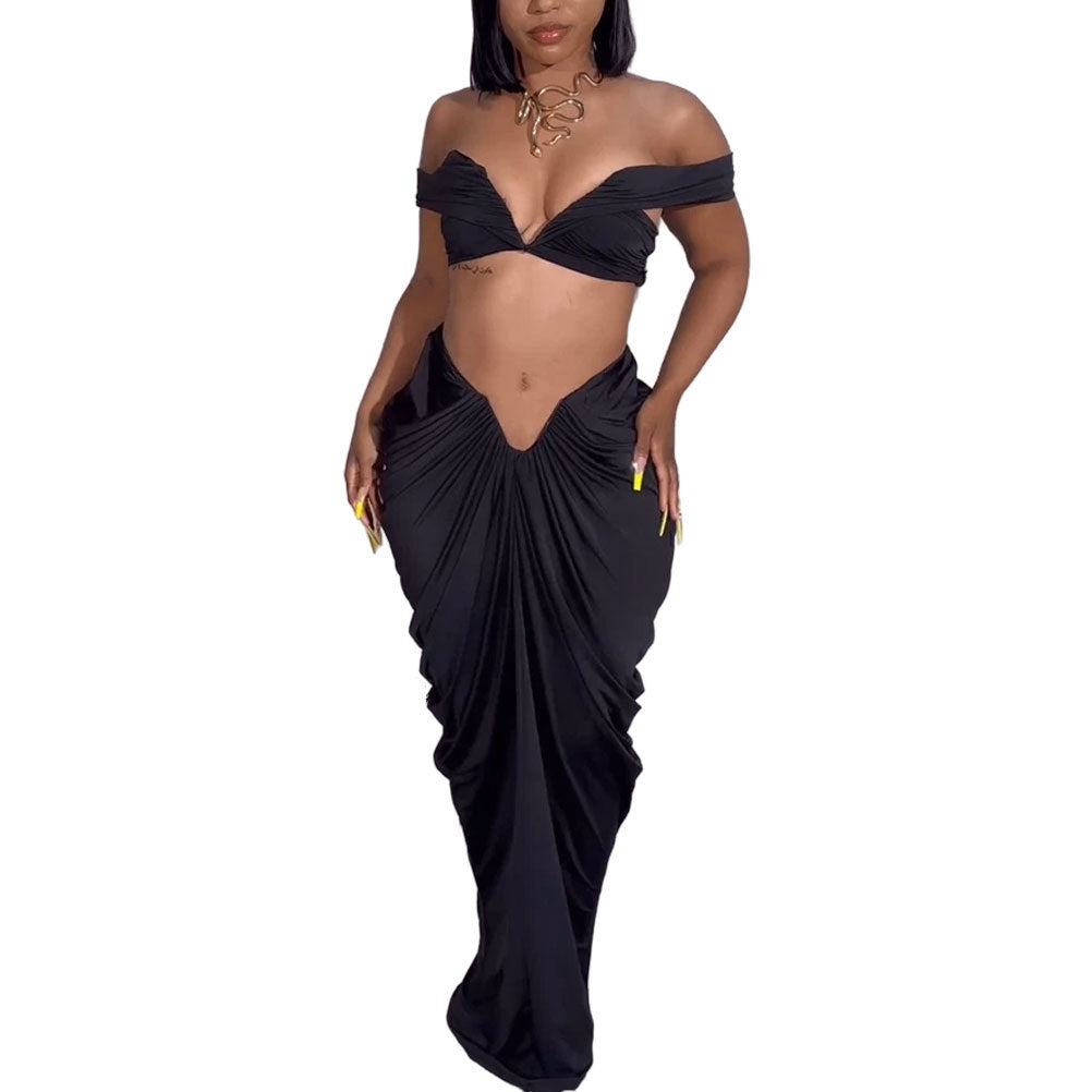 Sexy Sleeveless Top Stretch Tight Floor Length Pleated Skirt Two-Piece Set