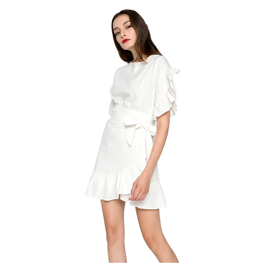 Fashion Adjustable Belt Ruffled Stitching A Line Skirt Spring New Cotton And Linen Dress Women's Tide