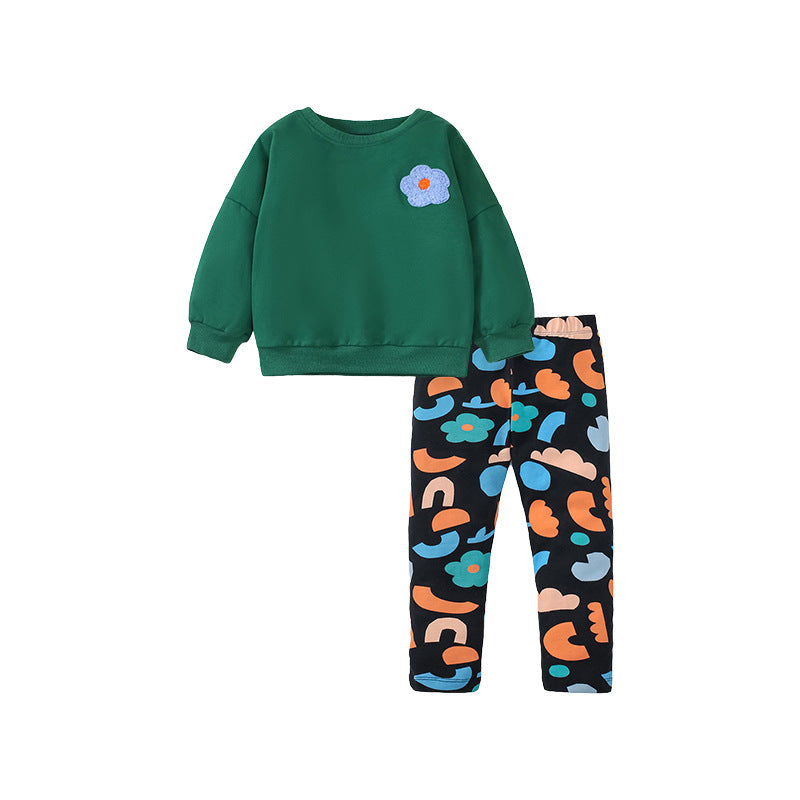 Autumn And Winter Girls' Suit Plus Fleece Long-Sleeved Children's Hoodie Suit Casual Girls' Suit