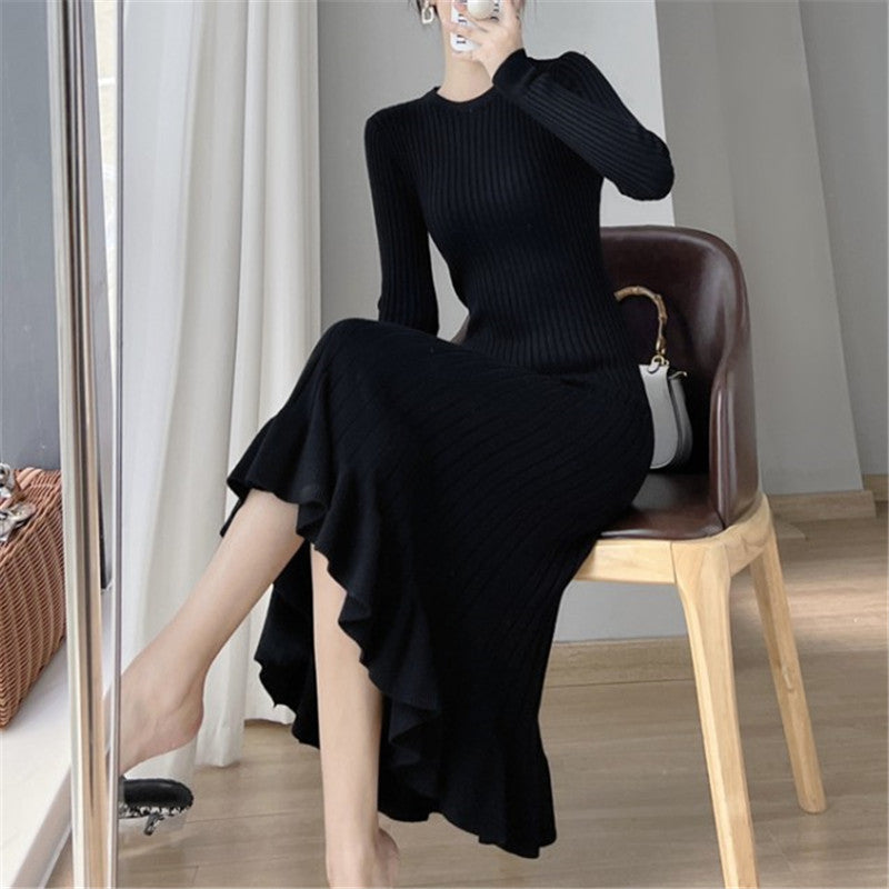 Knitted Mid-Length Skirt With Bottom Wrap For Women With A Bottom Sweater Skirt With Ruffles And Slim Fishtail Skirt