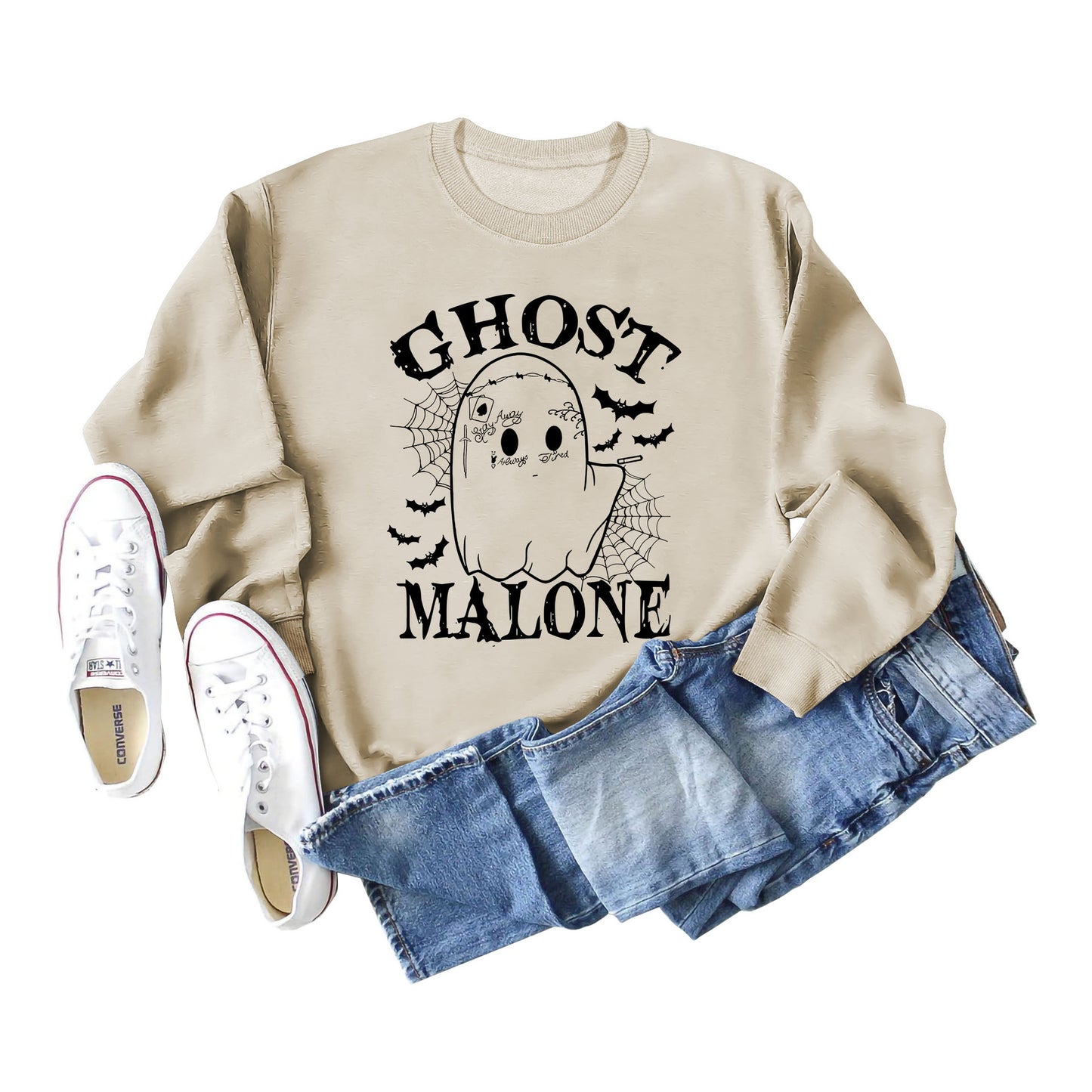 Ghost Malone Letter Round Neck Fashion Bat Round Neck Halloween Long Sleeve Hoodie
