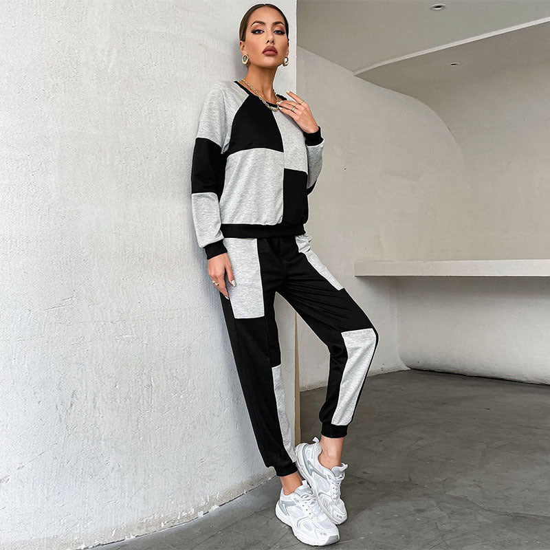 Casual Women's New Color Match Crew-Neck Hoodie Fashion Suit Female Two-Piece Set