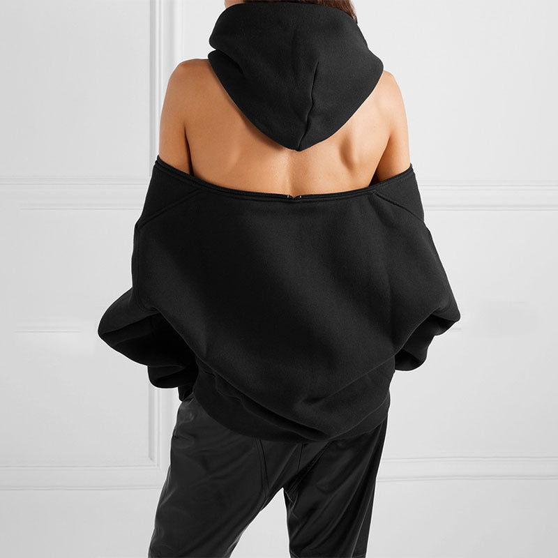 Fashion Spring New Loose Coat Zipper Off-The-Shoulder Hoodie Plus Fleece Thick Hoodie Female Tide