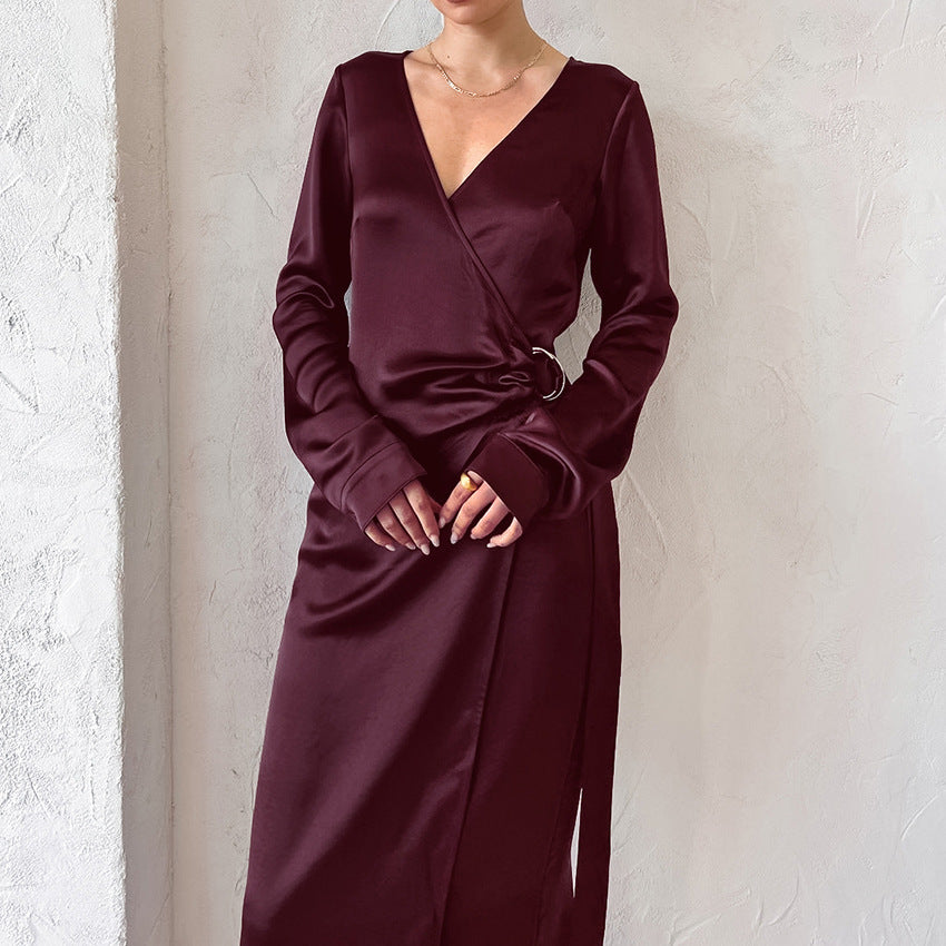 Burgundy Thin Soft Matte Color T-Neck Wrap Dress New Autumn Fashion Dress