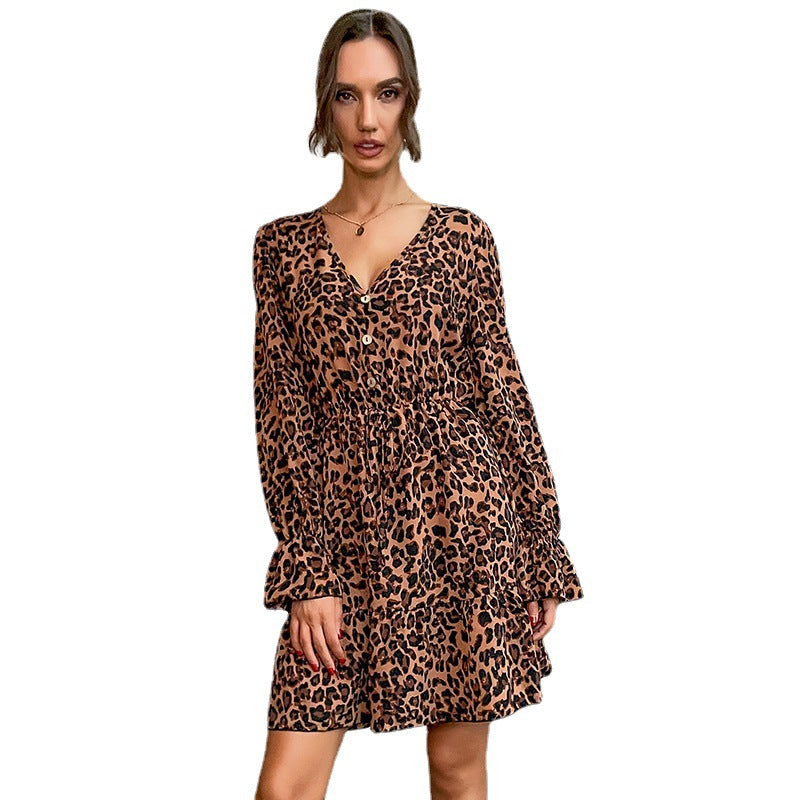 New Fashion Spring Women's Long-Sleeved V-Neck Leopard Print Dress
