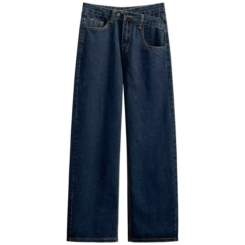Blue Gray High Waist Wide Leg Jeans Women's New Autumn Cross Waist Small Loose Full Straight Leg Mop Pants