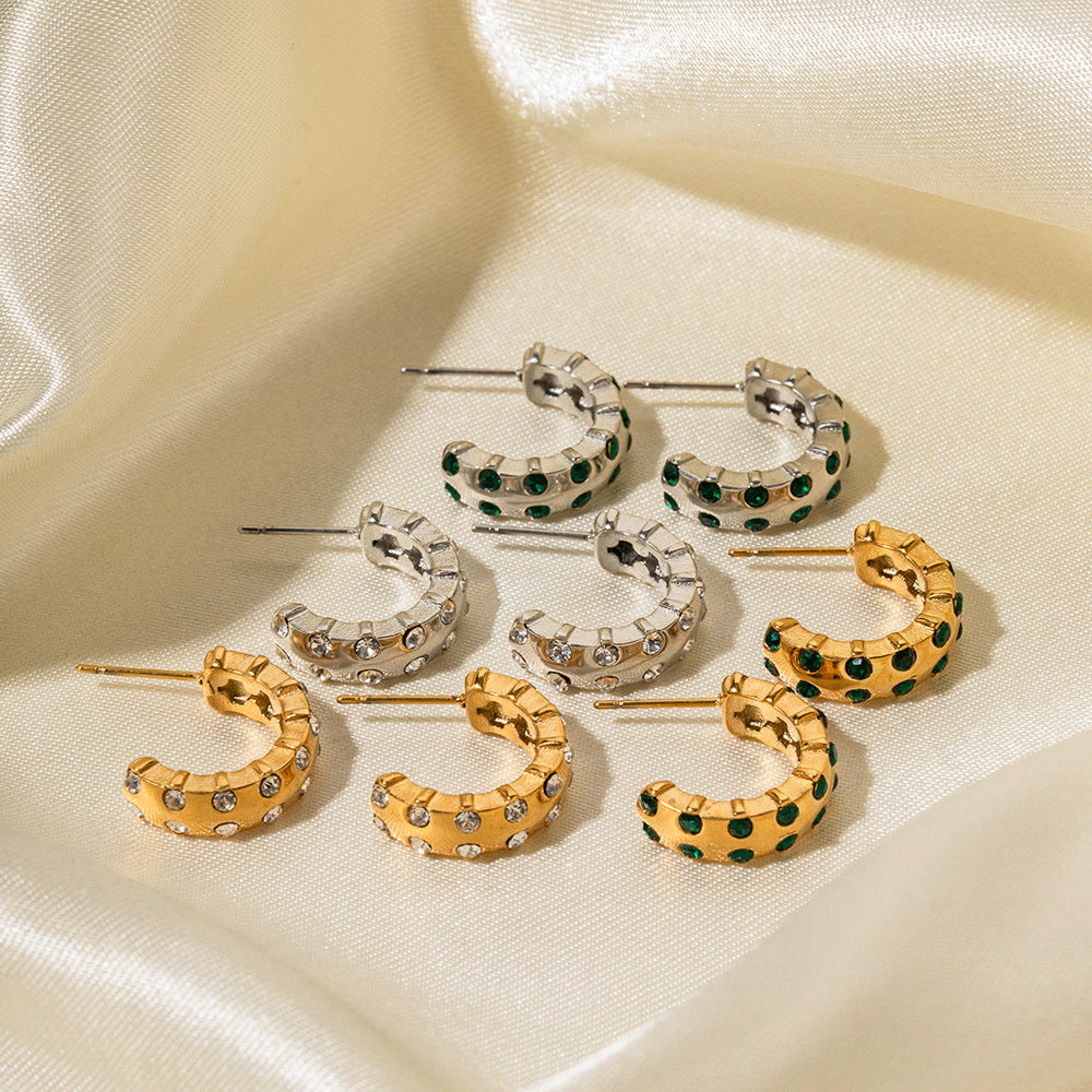 5pcs 16K Gold-Plated Stainless Steel Inlaid Zircon C-Shaped Earrings Do Not Fade Polished Earrings Women Fashion Accessories