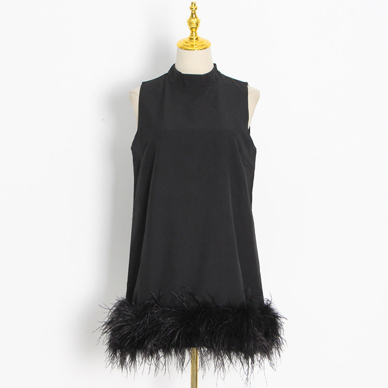 Wind Ostrich Hair Skirt Autumn Niche Design Sense Half High Neck Sleeveless Solid Color Straight Shift Dress