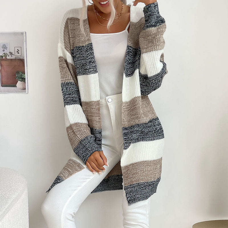 Autumn And Winter New Women's Long Buttonless Color Sweater Coat