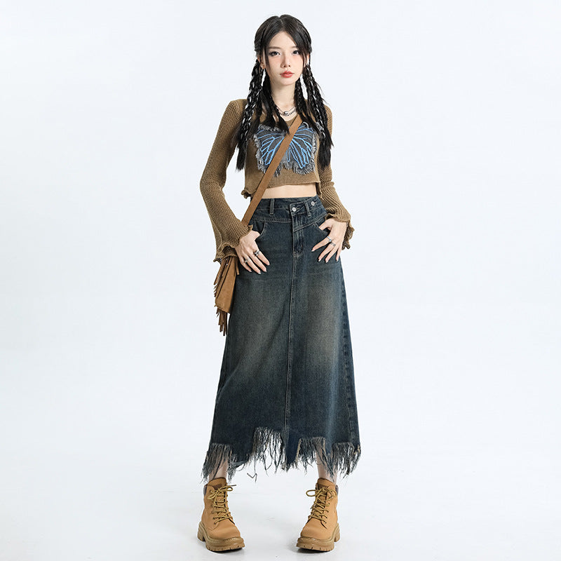 Vintage Fringe Slit High Waist Skirt Women's New Autumn Loose Skinny Long Skirt A Line Wrap Hip Denim Skirt