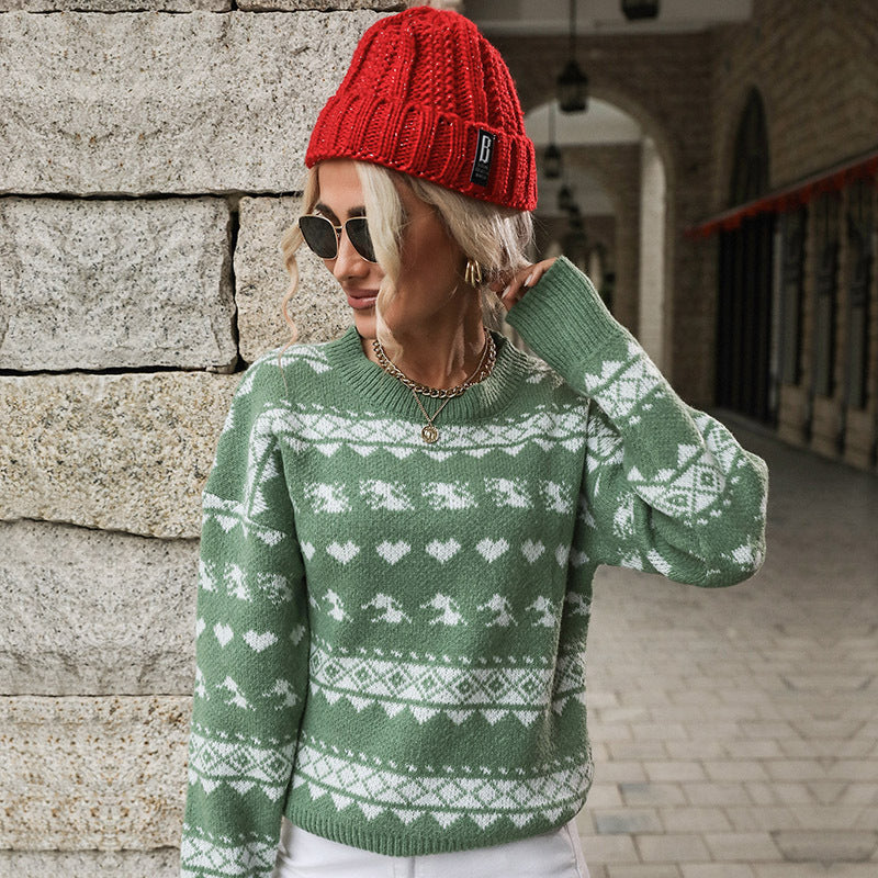 Autumn And Winter New Women's Fashion Crewneck Red Knitted Christmas Snowflake Sweater