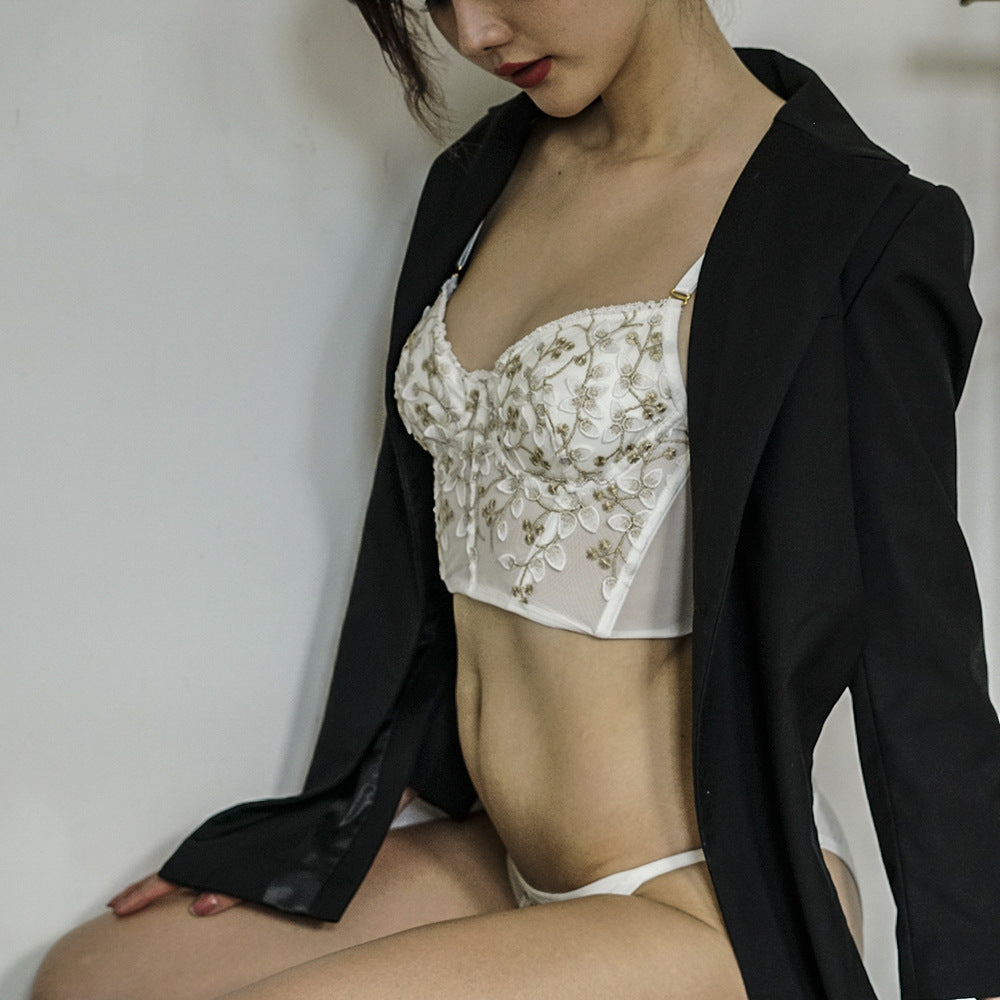 Comfortable Embroidered Lace Fishbone Waistcoat Long Lingerie Set Girls Sexy Lace Bra