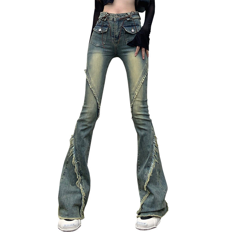 Real Shot Retro Furred Lace Strap Micro Cropped Denim Pants Female New Spice Girl High-Waisted Stretch Flared Pants