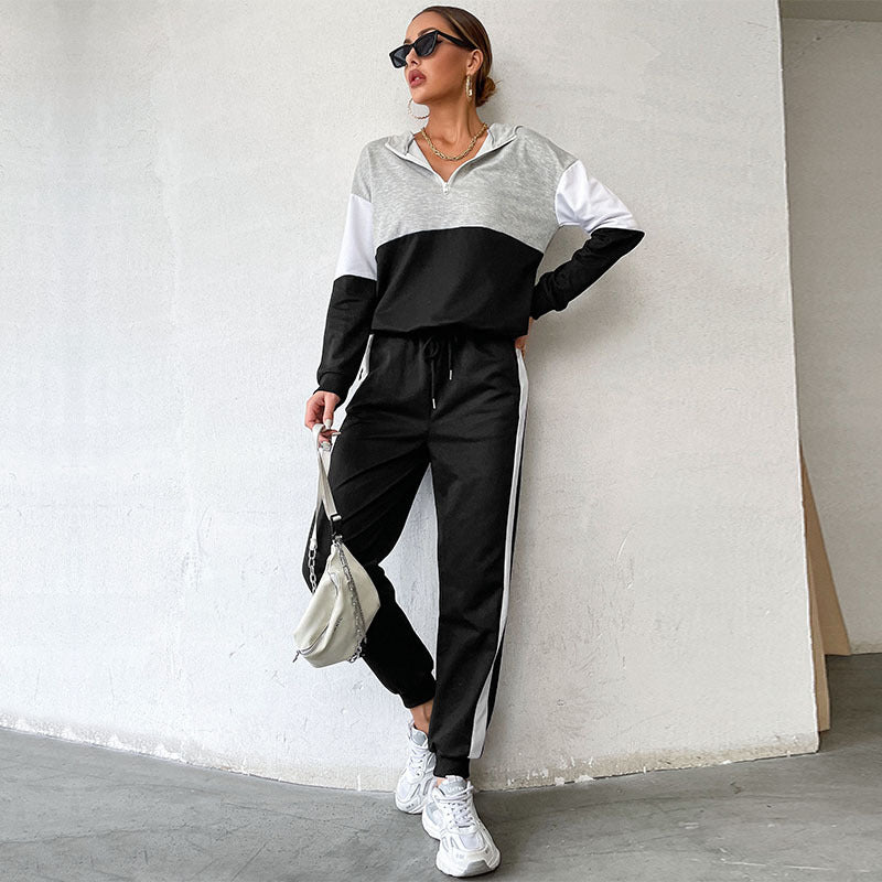 New Long-Sleeved Color Combination Hooded Fashion Casual Hoodie Set Women