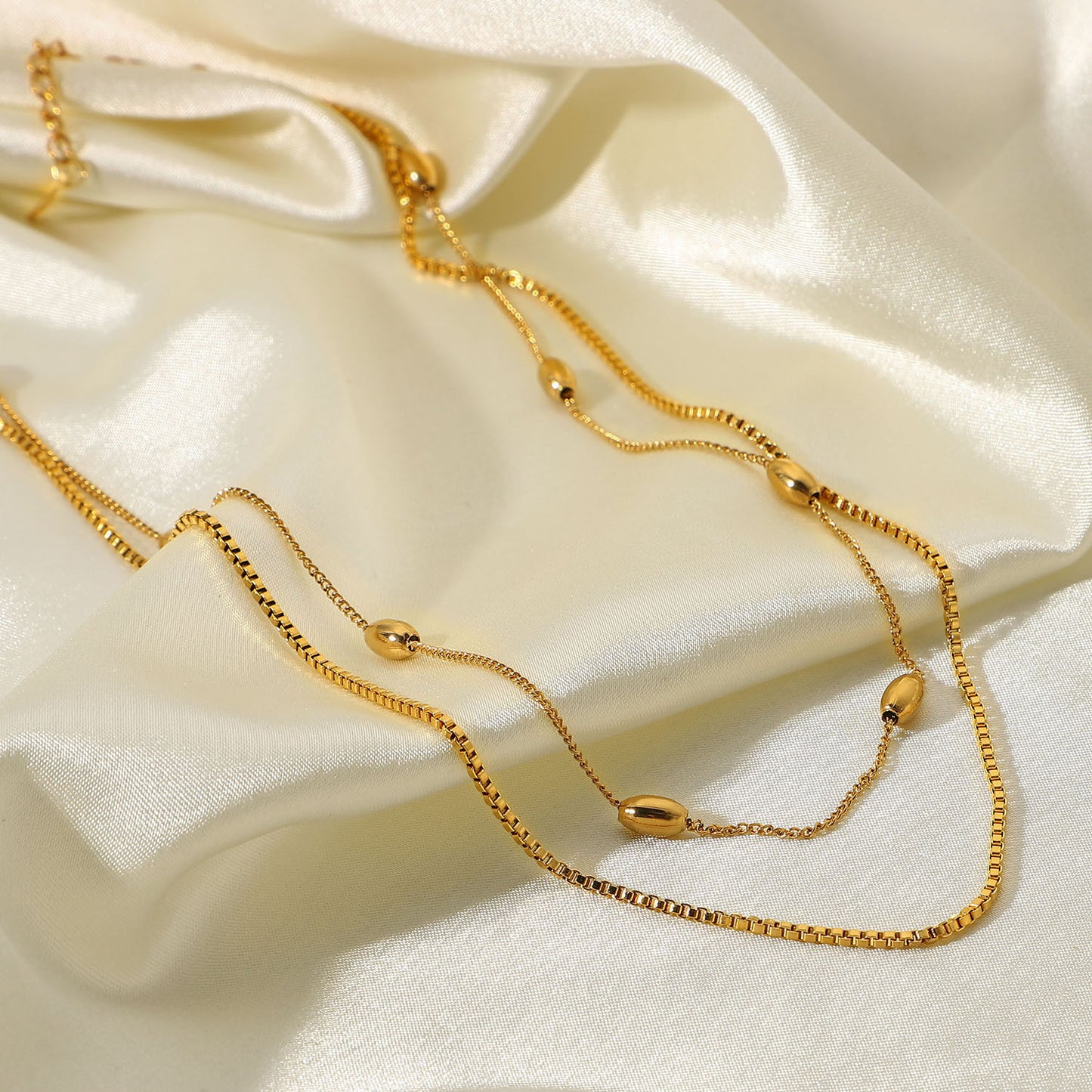 5pcs New Hot-Selling 18K Gold-Plated Stainless Steel Jewelry Oval Beads Double Necklace Jewelry For Women