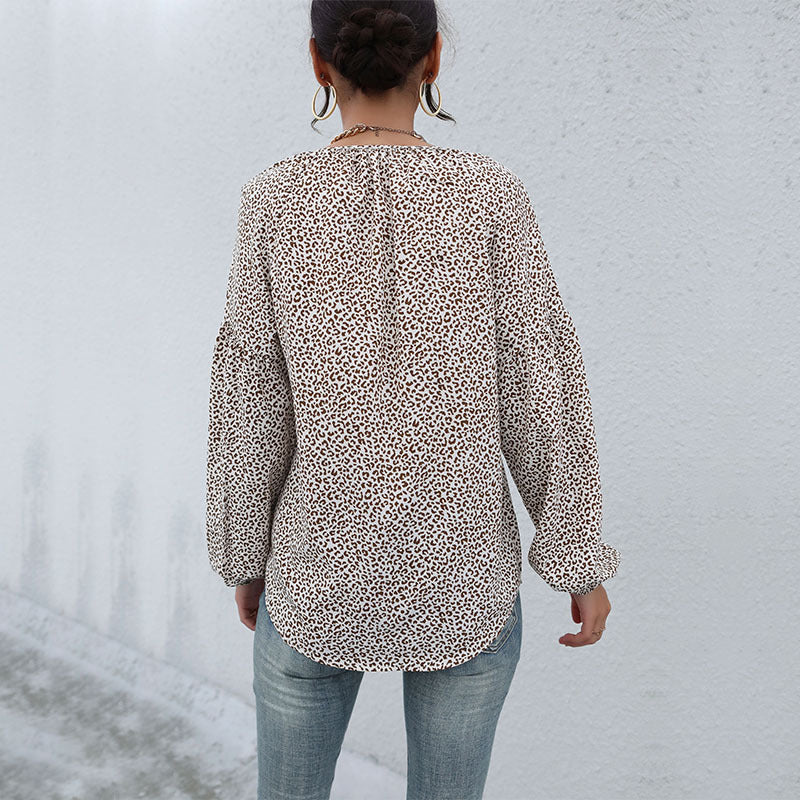 New Vintage Blouse  Long Sleeve Drawstring Leopard V-Neck Shirt
