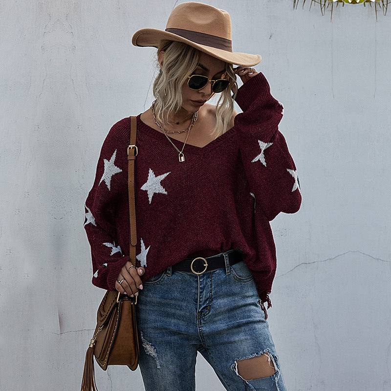Women's Star Pattern V-Neck Fringe Knitted Sweater Autumn And Winter