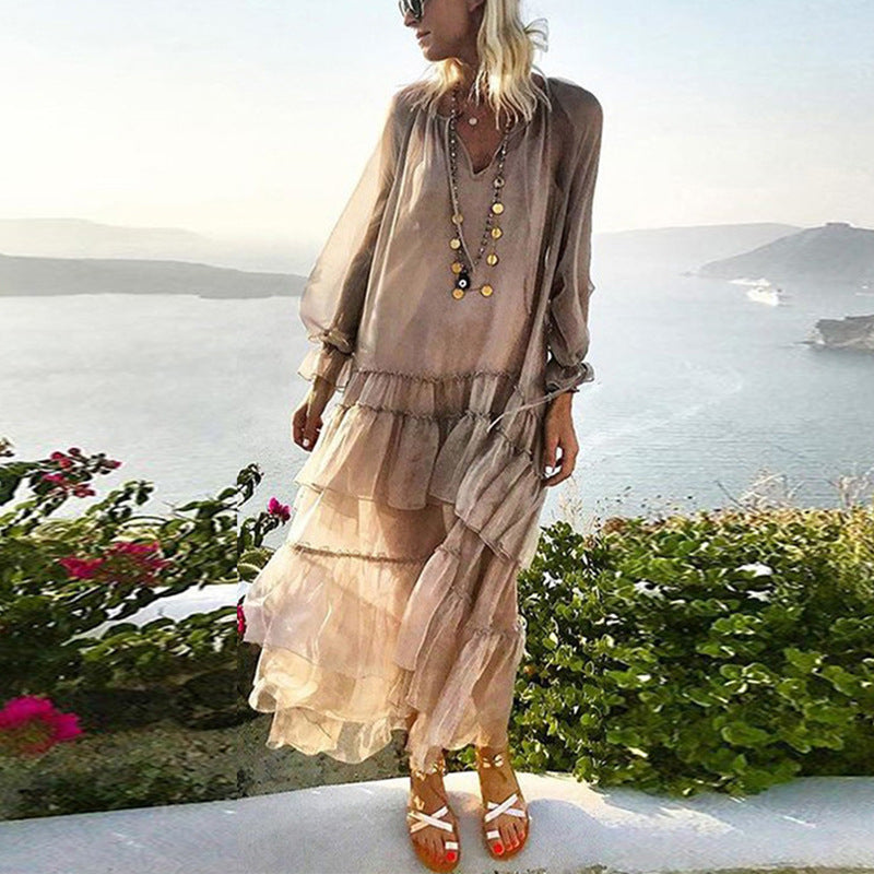 New Wooden Ear Edge Splicing Holiday Beach Long Skirt V-Neck Long Sleeve Dress Women With Suspenders