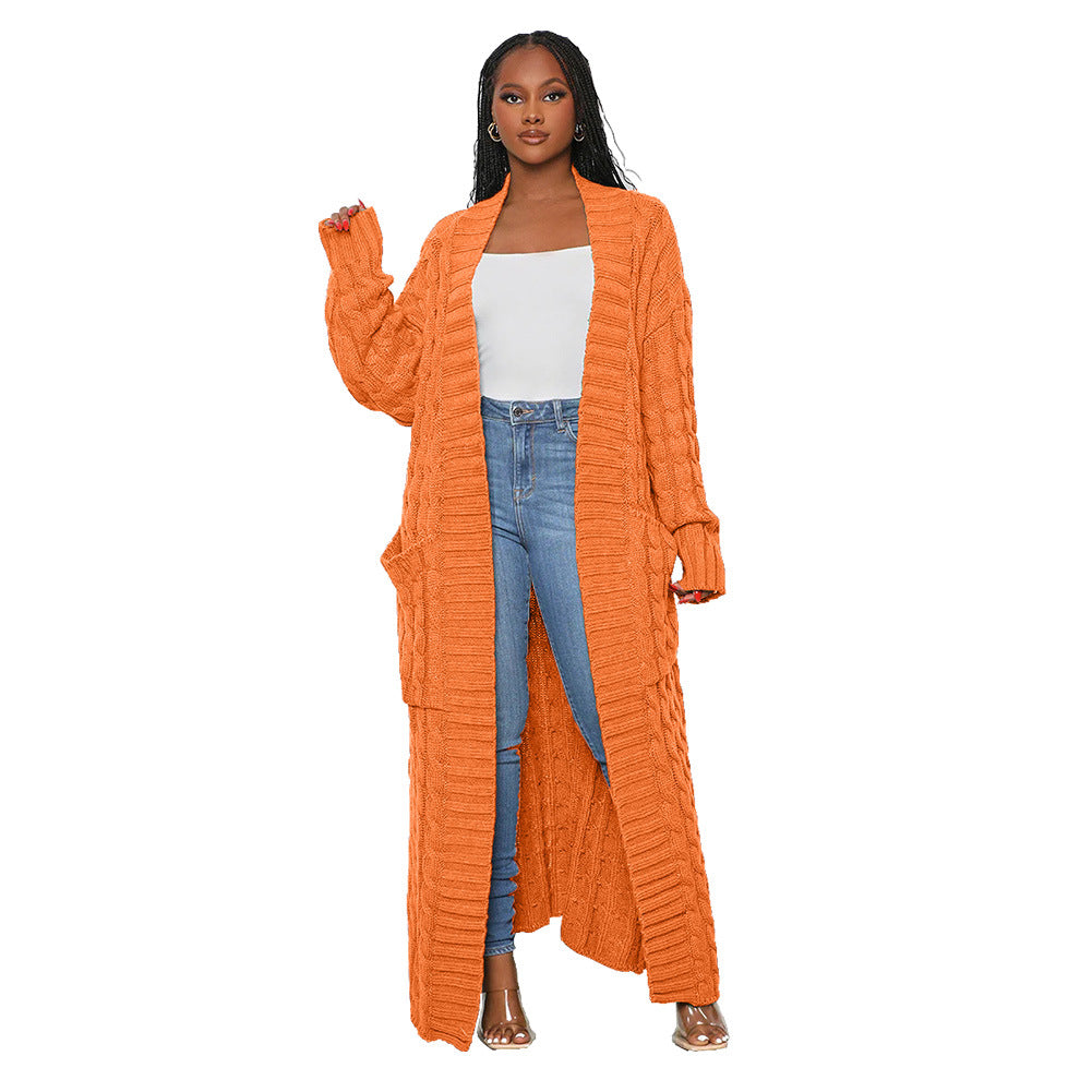 Women's Autumn And Winter New Loose Knit Cardigan Lazy Pocket Long Twist Sweater Coat