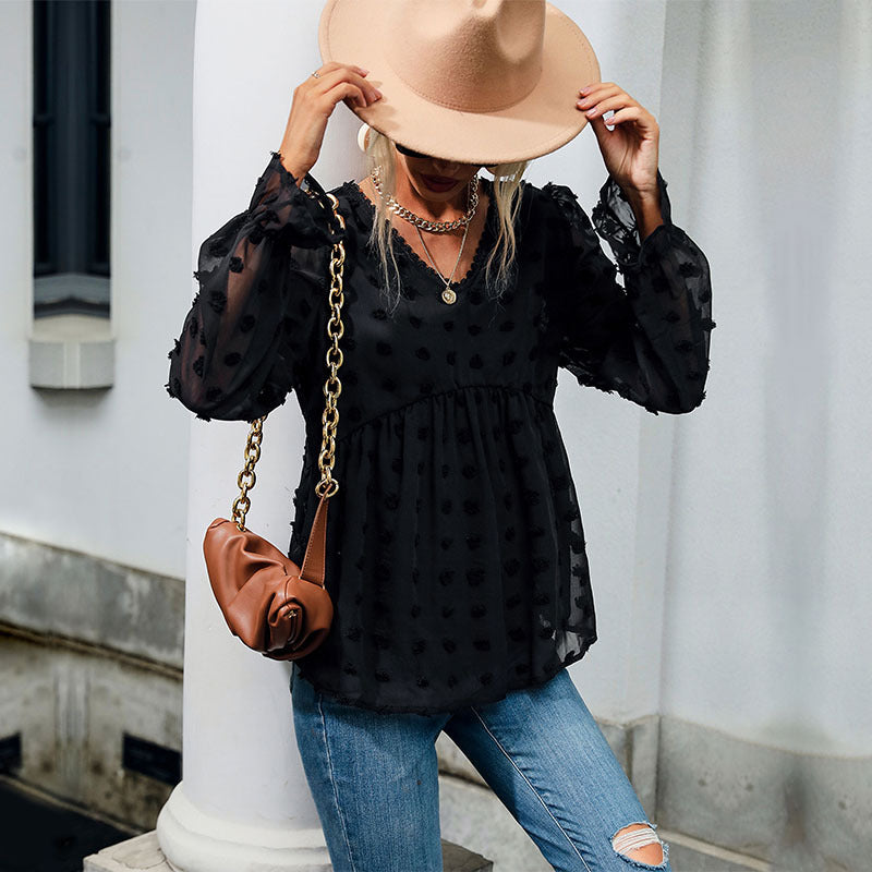 Early Autumn Fashion Shirt Thin Loose V-Neck Long-Sleeved Black Shirt