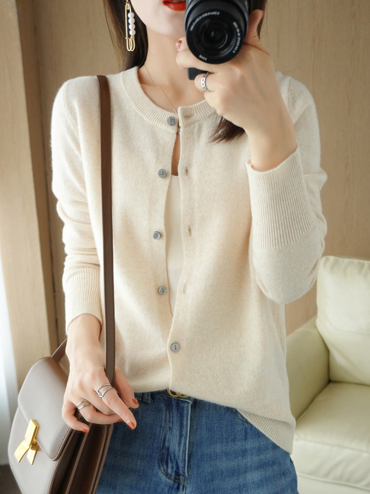 100 All-Wool Sweater Women's Knitted Crewneck Cardigan Casual Everyday Slimming Spring Cashmere