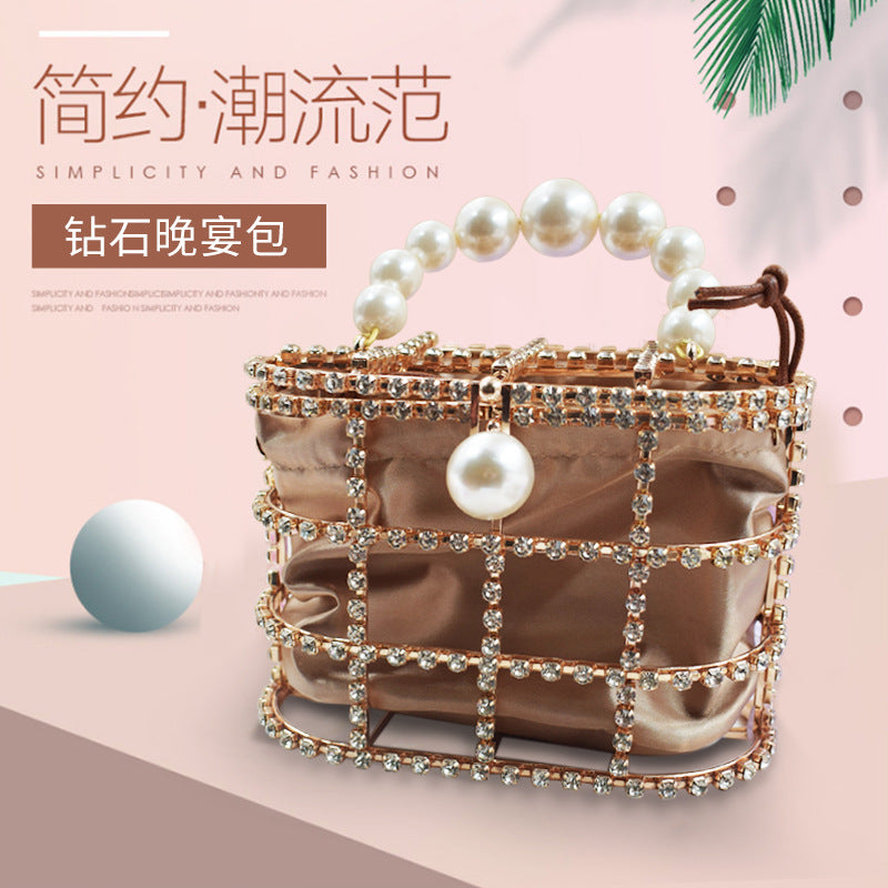 Summer New Popular Diamond-Encrusted Niche Diy Dinner Party Pearl Hand-Held Diagonal Banquet Bag