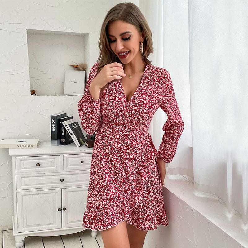 New Spring Women's New One-Piece Long-Sleeved Red Dress