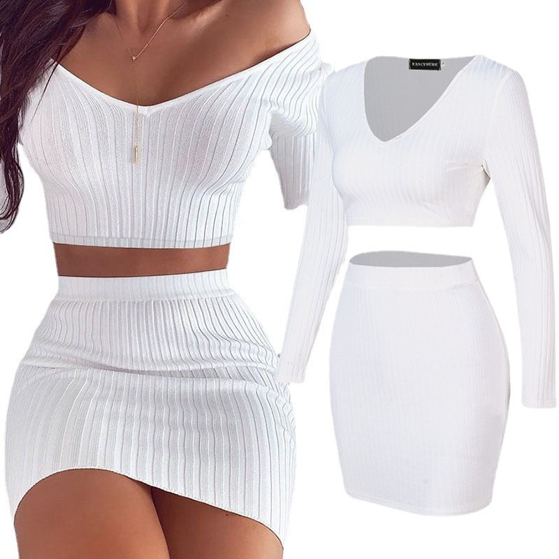 Sexy V-Neck Pit Strip Off-The-Shoulder Long Sleeve Knitted Top Short Skirt Two-Piece Set