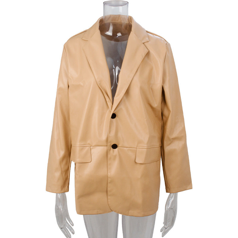 American Wind New Autumn And Winter New Pu Suit Jacket Loose Two Button Long Sleeve