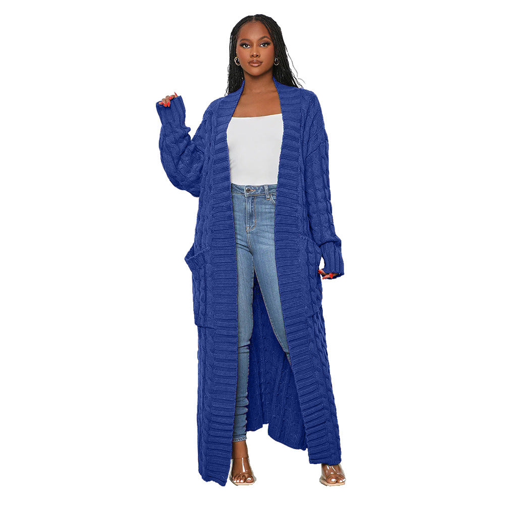 Women's Autumn And Winter New Loose Knit Cardigan Lazy Pocket Long Twist Sweater Coat