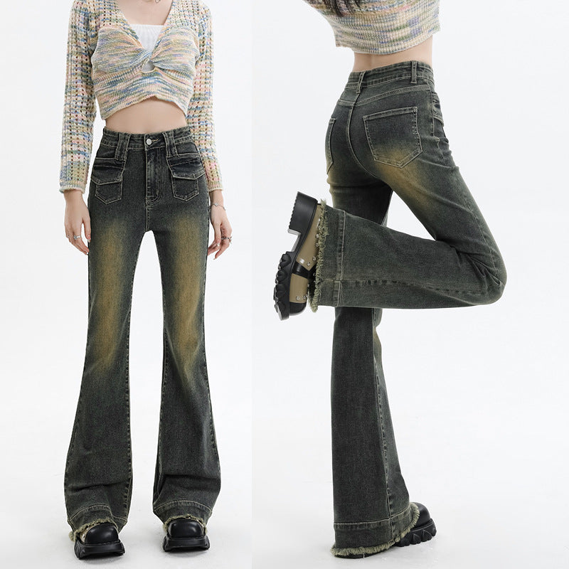 Retro Micro-Cropped Jeans Women Spring And Fall New Stretch Thin Bell Bottoms Design Sense Horseshoe Pants