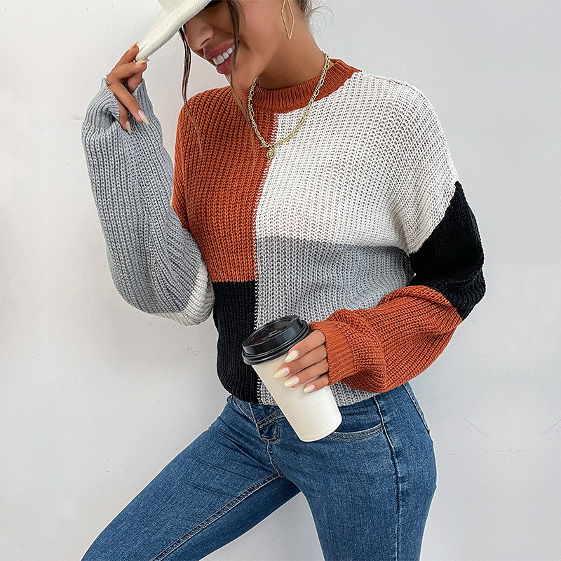 Fashion Women's Autumn Long-Sleeved Color Matching Half-Turtleneck Sweater Loose