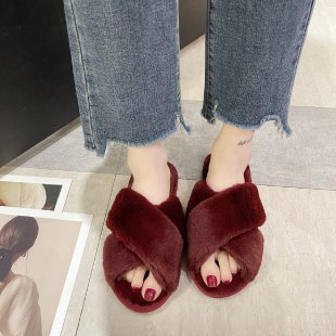 Autumn And Winter New Big Rabbit Velvet Cross-Belt Couple Floor Cotton Slippers Indoor Home Warm Non-Slip Plush Cotton Slippers