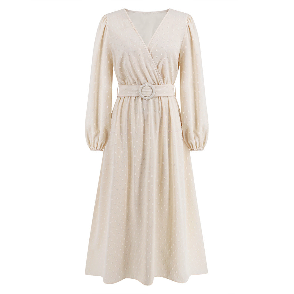 Women's Dress V-Neck Long Sleeve Jacquard Dress Autumn And Winter New Burst