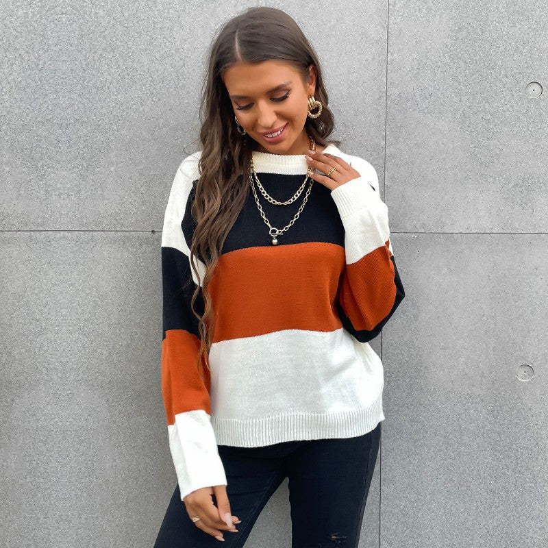 Striped Color Patchwork All-Match Knitwear Pullover Sweater for Women