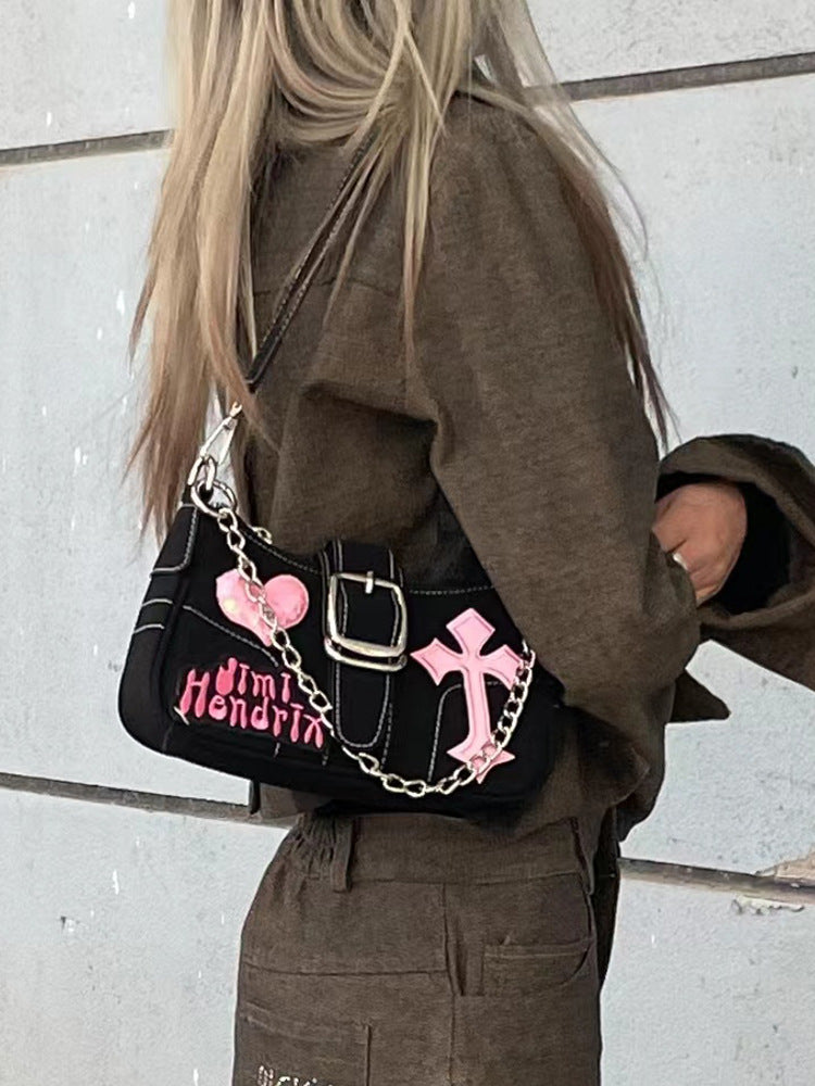Bag Niche Design Single Shoulder Underarm Bag Chain Millennium Sweet Cool Baguette Bag Y2K Hottie Motorcycle Crossbody Bag